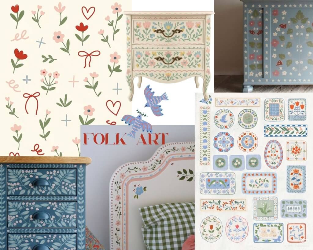 planche ambiance style Folk art pour un meuble peint : motifs fleurs et géométrique, couleurs beige, rose, vert, bleu et rouge.