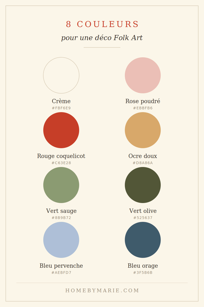Palette de couleurs style Folk Art : vert sauge, bleu pervenche, rose poudré, terracotta et ocre