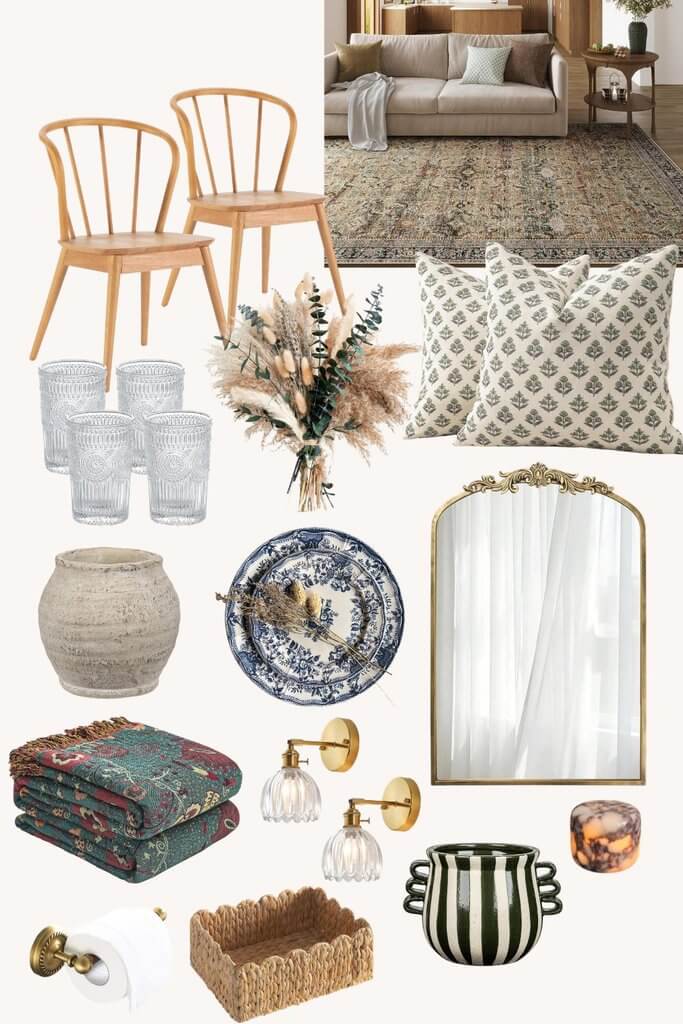 Sélection de produits Amazon déco style classique intemporel : 
chaises Windsor, tapis vintage, miroir doré, laiton, coussins botaniques